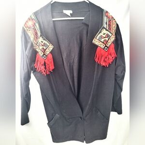 Vtg Black Cardigan w/ Hand Sewn Western Decorations & Red Fringe, Shoulder Pads